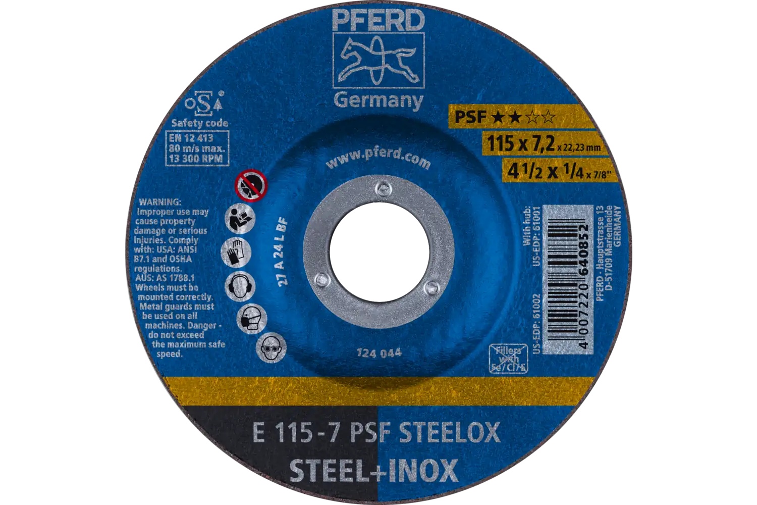 Picture of Pferd Grinding Wheel, 4-1/2" X 1/4 X 7/8, Psf Steelox, T27, Aluminum Oxide